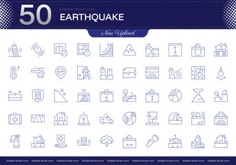 Earthquake stroke icon. Earthquake line icon set. editable stroke icon pack. Line, Thin, Linear Style Icon Bundle. Fully Customizable Seismic, Fault, Tremor, Magnitude, Aftershock