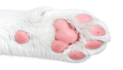 A close-up view shows a white cat paw with pink pads, isolated against a clean, white background