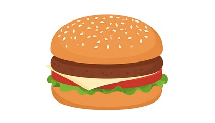 A digital illustration of a classic burger with sesame seed bun, patty, lettuce, tomato and cheese on white