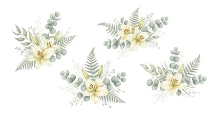 Delicate watercolor floral arrangements with ferns and eucalyptus