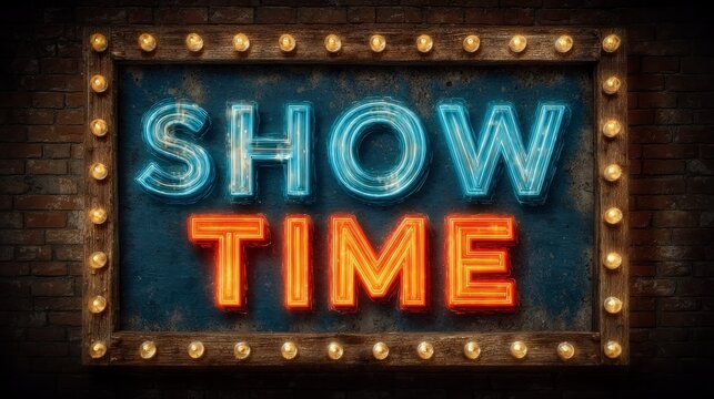 A vintage wooden framed sign with "SHOW TIME" in glowing neon letters, illuminated by marquee bulbs, set against a brick wall.