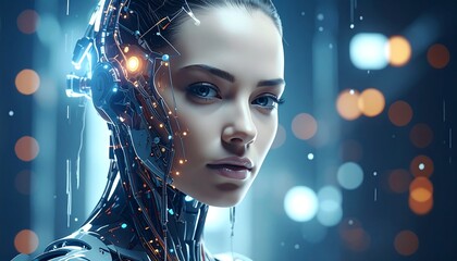 A digital portrait of a woman with bionic implants. Bokeh lights add depth to the blurred background