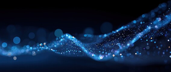 Abstract digital wave of glowing particles in dark blue