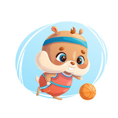 Cute hamster with a basketball on a blue background. The concept of sports games and health. Cartoon children's vector illustration for the design of postcards, banners, textiles, stickers