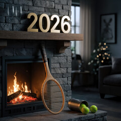 Tennis racket and 2026 sign by a cozy fireplace at christmas.