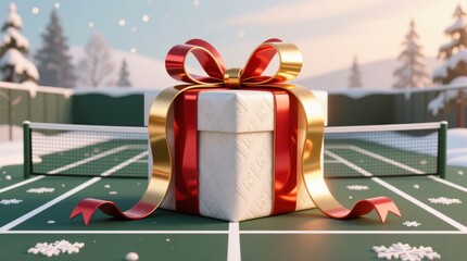 Gift box with red ribbon on a snowy pickleball court.