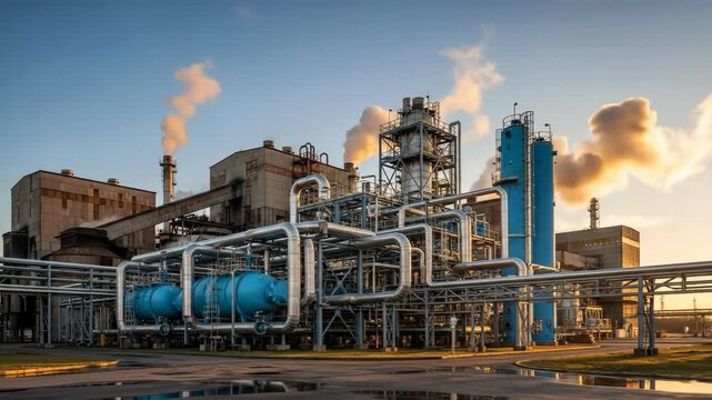 Industrial plant emitting smoke against a vibrant sunset sky in three consecutive frames