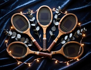 Vintage wooden tennis racquets with eucalyptus and lights on velvet.