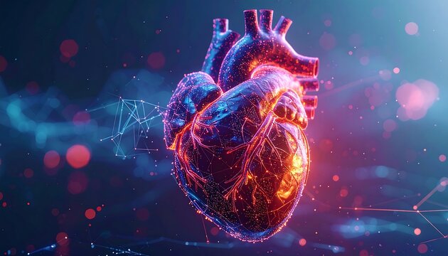 3D human heart with glowing red and blue hues, connected by lines against a dark, bokeh-filled background