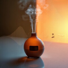 Aroma diffuser with steam, sound waves, and music icon.