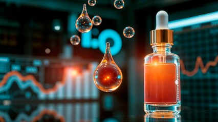 Cosmetic serum droplet and bottle with a pipette against a futuristic data background.