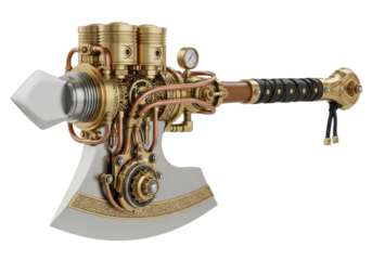 Intricate steampunk axe with brass engine details and metallic blade, a powerful and unique fantasy weapon design