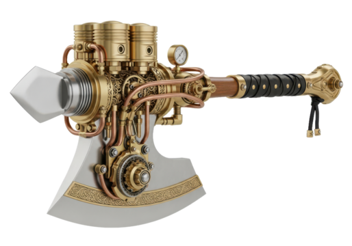 Intricate steampunk axe with brass engine details and metallic blade, a powerful and unique fantasy weapon design