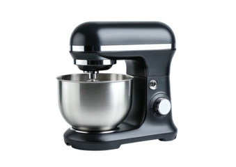 Black stand mixer, stainless steel bowl, on dark background