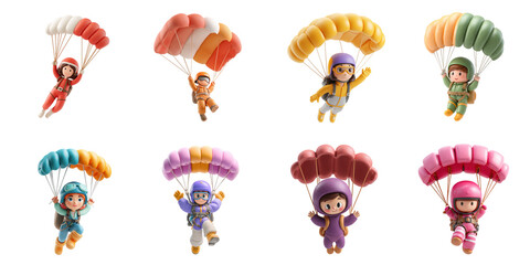 Animation girl with parachute png collection in 3d transparent for extreme sport presentation.