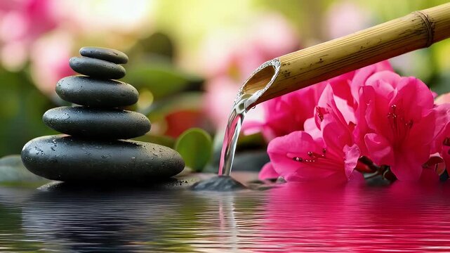 Zen stones and bamboo fountain serene still life water flowing stillness