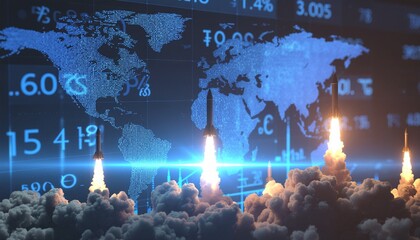 Rocket launches soar above financial data and a world map, representing business and technological advancements