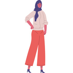 Full Body Portrait of a Woman Wearing a Blue Hijab and Coral Wide Leg Pants with a White Blouse and Blue Shoes Standing Confidently with One Hand on Her Hip Isolated on a Transparent Background