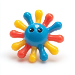 Naklejka premium A colorful baby toy with a blue center and vibrant red, yellow, and blue tentacles, designed for infant sensory play.