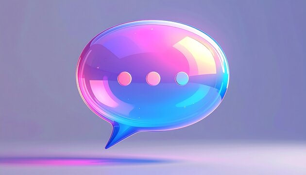 3D rendering of a translucent speech bubble with three dots inside, showcasing holographic colors and sleek design