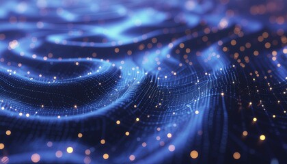Abstract representation of digital data, technology. This stunning image features a vibrant blue background with waves of light and interconnected nodes.
