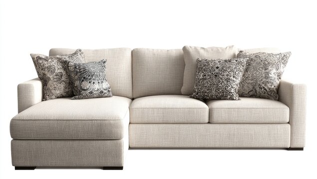 Cream sectional sofa with patterned pillows