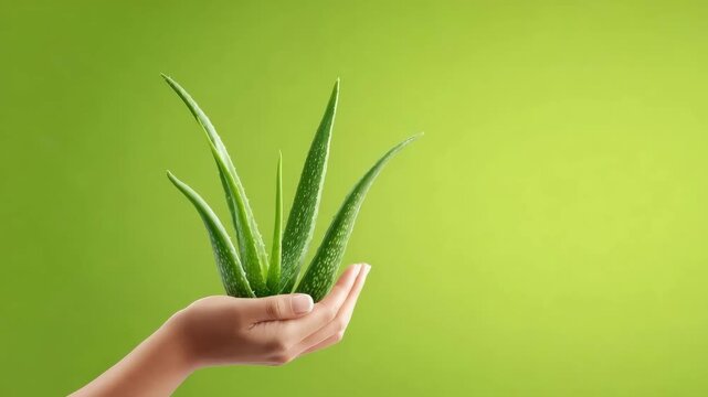 A hand holding a small aloe vera plant with spiky green leaves against a bright green background.