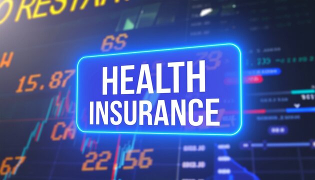 Health Insurance concept with financial market data background. The image features a bright blue rectangle with the words HEALTH INSURANCE in capital letters - Powered by Adobe