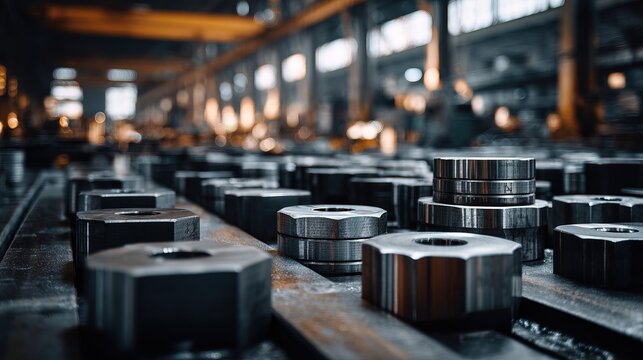 Manufacturing Process of Precision Metal Fasteners Industrial Workshop Product Display Dimly Lit Environment Close-Up View Engineering Concepts for Quality Control