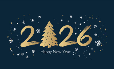 Happy New Year 2026 Greeting Card with Golden Brush Strokes