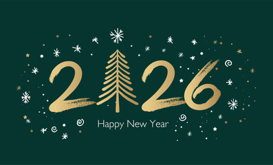 New Year, gold 2026, card on green, postcard, hand drawn illustration.	
