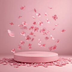Pink Podium Display with Floating Sakura Flowers. Soft pink podium with falling sakura flowers on a pink background.