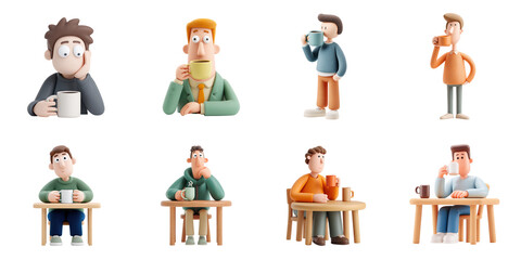Set of man with coffee and tea png mockup in 3d claymation style without background for decoration.