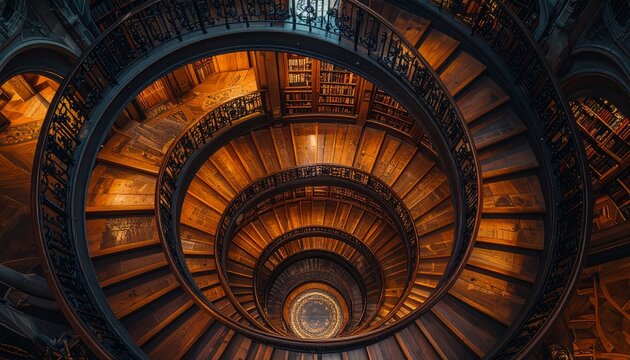 Dark, realistic, HD, top-down view of circular library stairs, featuring intricate railings, polished wood, soft lighting, spiraling design, architectural details, shadows, atmosphere, symmetry, elega
