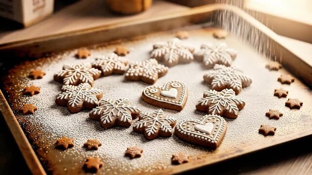 Artfully decorated gingerbread cookie snowflakes and hearts on a powdered baking sheet, embodying festive seasonal baking spirit