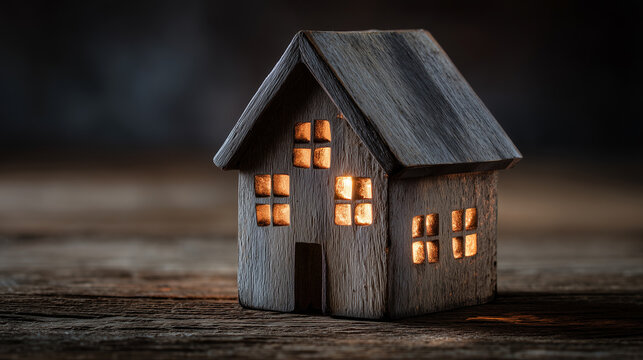 Wooden cabin with warm lights in dark night forest - Powered by Adobe