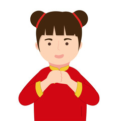 Girl in traditional festive outfit showing greeting gesture flat illustration
