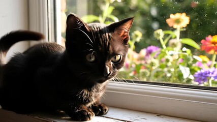 Kitty perches quietly on window sill, its inquisitive gaze focused on the world outside, capturing the concept of quiet contemplation, inviting the viewer to step into the kittys shoes and.