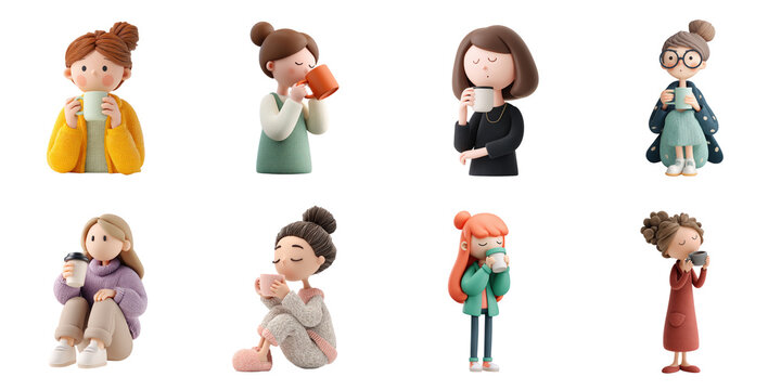 3d character girl drink coffee transparent sample mockup isolated png with no background.