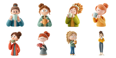 Animation tea time png set collection in 3d transparent no background in take a break concept.