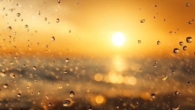 Fototapeta Golden sunset seen through a window covered in raindrops