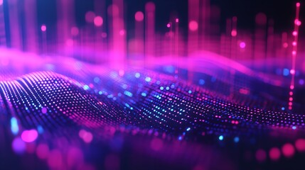 Abstract technology background with glowing particles and smooth waves in pink and blue tones
