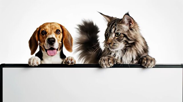 Two dogs, smiling and sitting companionably with cats on a white board or sign in a heartwarming scene capturing the concept of friendship and playfulness highlighting the special bond between.
