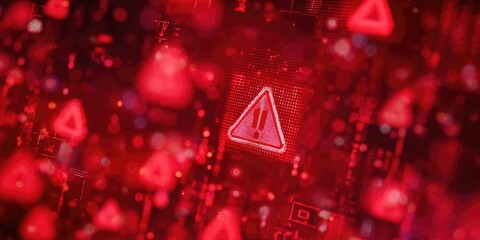 Red warning symbol on a digital circuit board.  Blurred, glowing red triangles and dots surround a large, bright red warning sign
