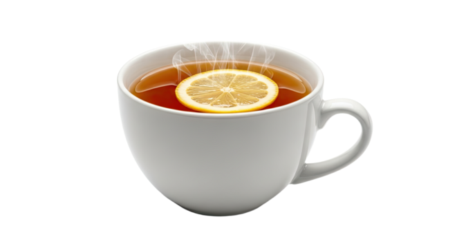 Cup of Hot Tea with Lemon Slice on White Background.