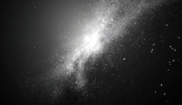Grayscale cosmic nebula, streaking light.  Vast expanse of stars and swirling gas clouds.  Abstract space imagery - Powered by Adobe