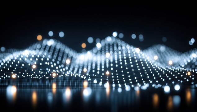 Abstract digital landscape of glowing points forming undulating waves.  Soft, light blue and warm amber highlights.  Deep black background.  3D rendering