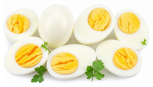 Three halves of hard-boiled eggs with bright yellow crumbly yolks and firm white egg whites, arranged on a white surface to highlight texture and nutritional simplicity.