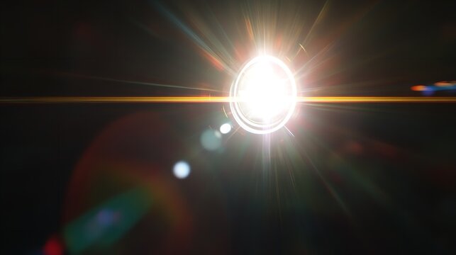 Radiant lens flare effect with white and yellow light streaks creating a bright and ethereal atmosphere on dark background