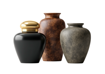 Three vases black, brown, and grey, against a black background